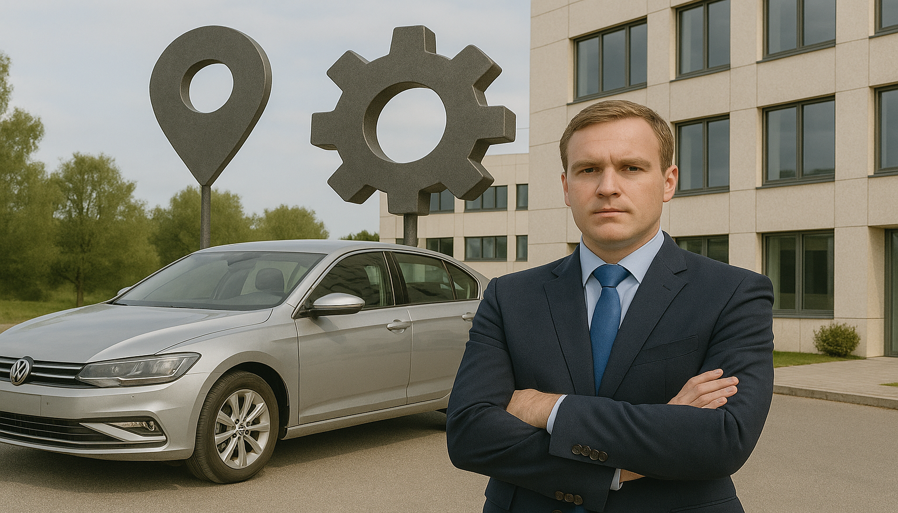 Ein Mann steht mit verschränkten Armen vor einem Gebäude und einen PKW. Es sind Symbole für Orte und Einstellungen im Hintergrund zu sehen.